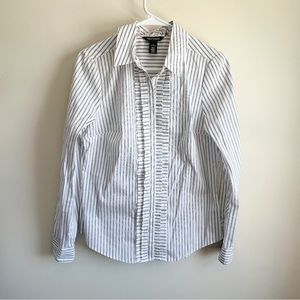 White House Black Market Striped Ruffle Tuxedo Long Sleeve Blouse